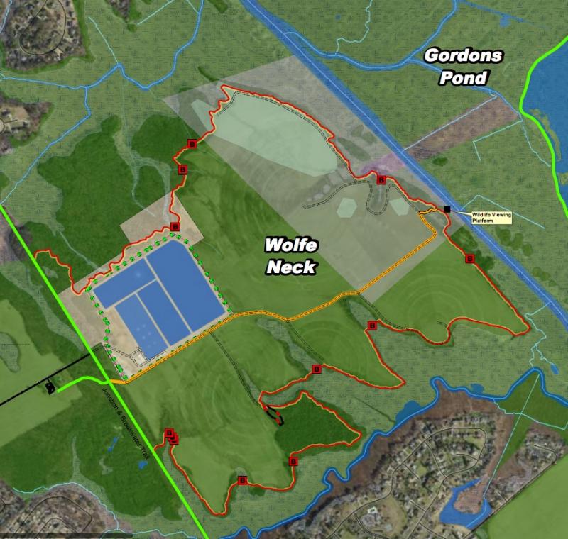 The red line shows the location of the new Wolfe Neck-area trail as part of the Cape Henlopen State Park system and an extension of the Junction-and-Breakwater Trail. The yellow line is an additional trail with access to a trailhead. DNREC GRAPHIC